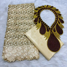 Gold 2.5yards Bazin Riche Fabric with 2.5yards  Cotton Lace Embroidery Fabrics and Collar African Materials For Sewing M5-509-1