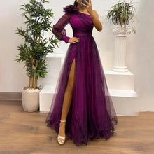2024 Womens Evening Dress One Shoulder Pleated Pleated Mesh Single Long Sleeve Slim Waist A-line Floor Length Slit Banquet Dress