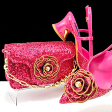 QSGFC Shiny Gold Color Shoes and Bag Elegant Handbags and Medium Heel Shoes Beautiful Handmade Flowers For Wedding Party