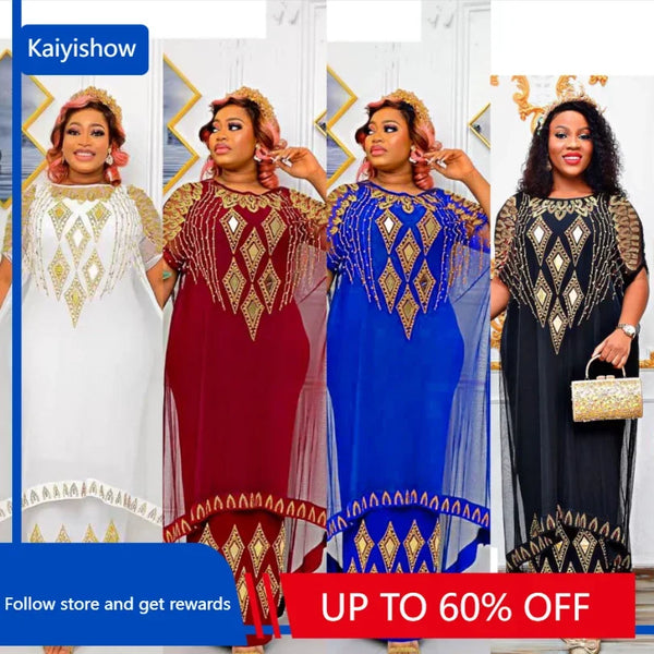 Fake Two-Piece African Dresses for Women 2025 Traditional Nigeria Mesh Hot Drill Caftan Dress Abaya Musulman Robe Femme Clothes