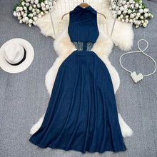 Denim Dress Women Long Dresses Turn Down Collar Sleeveless Party Club Hollow Out Jeans High Waist Slim Single Breasted Vestidos