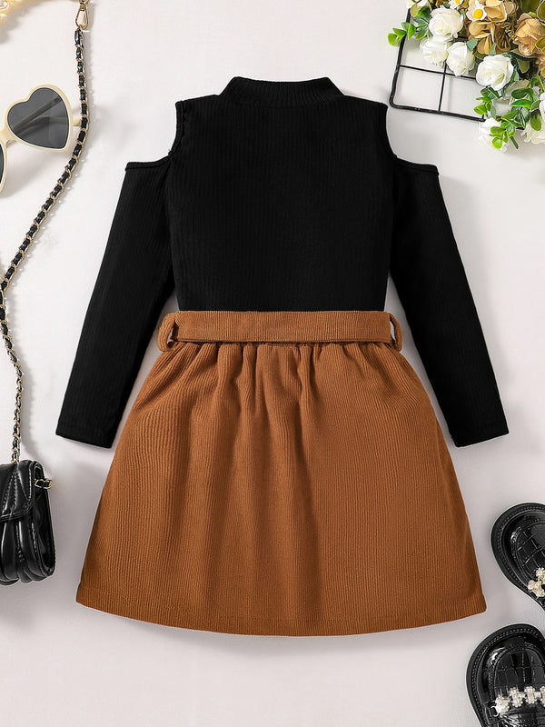 Children's Clothing Girls' Autumn New Fashion Set - Solid Color T-shirt Off Shoulder Half High Collar Top+Solid Color Half Skirt