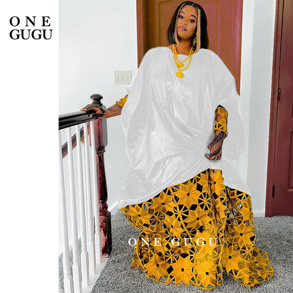 Gold and White African Bazin Rich Dress Robe For Noble Lady Wedding Party Gown White Nigerian Dashiki Robe Long Sleeves Dresses
