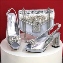 2025 Fashion Open Toe Women Strange Heels Bigger Size Fashion Rhinestone Decoration Purple Shoes And Bag Set Party Bag