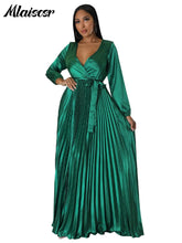 Mlaiscsr Elegant Wedding Guest Pleated Long Dress Women V Neck Lantern Sleeves Sashes Big Swing Sexy Birthday Party Evening Robe