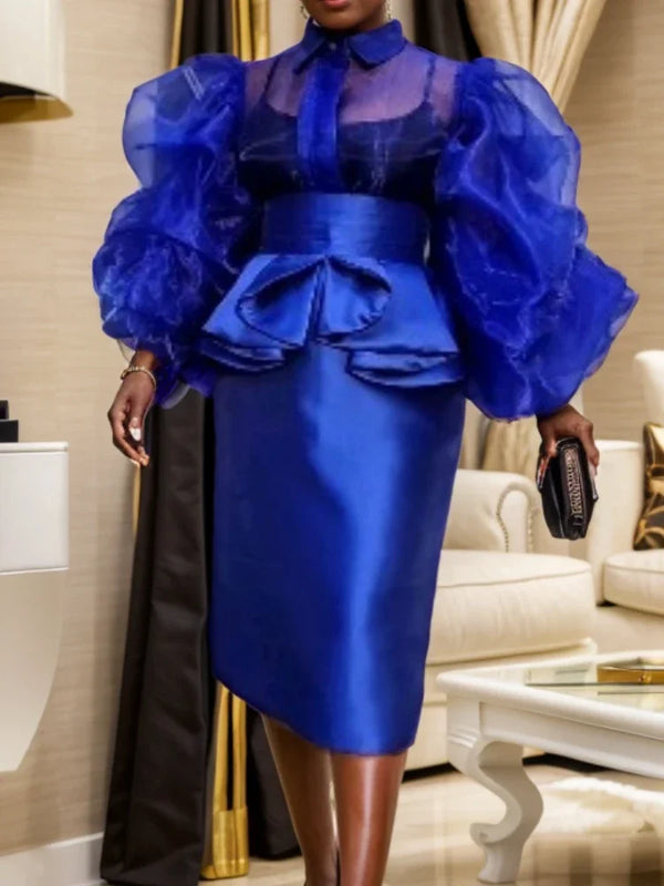 Women's Party Style Long Sleeved Blue See Through Mesh 2-piece Set for Club, Party And Birthday