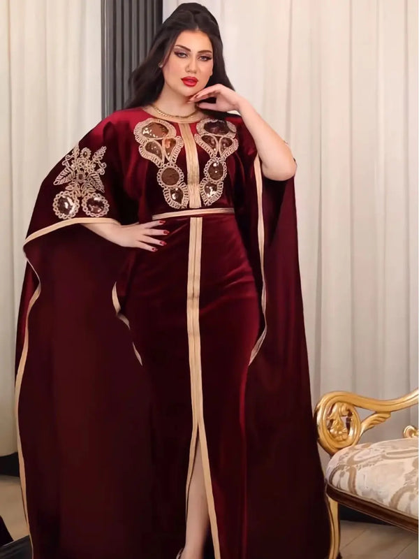 Ramadan Luxury Muslim Fashion Bat Sleeve Moroccan Turkiye Dubai Dress Middle East Arab Dress Sequins Golden Velvet Long Dress