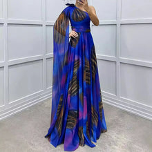 Women Spring Printed Floor Length Dress Elegant Flower Inclined Shoulder Hollow Evening Dress Fall High Waist Chiffon Long Dress