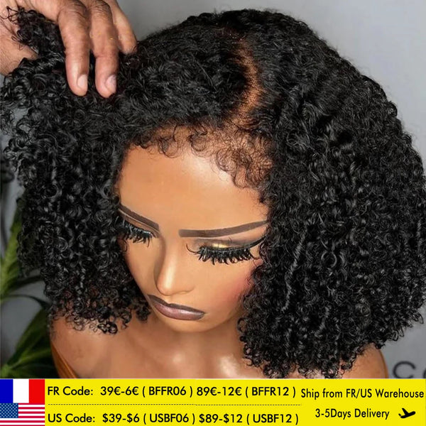 Short Bob Kinky Curly Human Hair Frontal Wig 4C Edges Lace Front Wigs Transparent 4x4 Closure Human Hair Wig Natural Hairline
