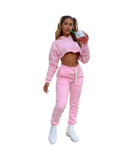 Women's Fitness Running Sets Fleece Long Sleeve Cropped Hoodies+Jogger Tracksuit