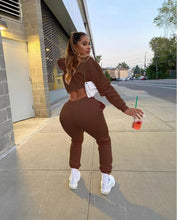 Women's Fitness Running Sets Fleece Long Sleeve Cropped Hoodies+Jogger Tracksuit