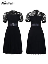 Mlaiscsr Elegant Luxury Wedding Guest Pleated Dresses with Belt Women O Neck Lace Patchwork Short Sleeve Birthday Party Robe New