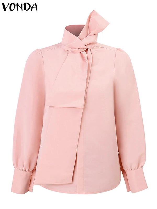 Plus Size 5XL VONDA Elegant Blouses Women Tops Streetwear Solid Color Casual Bow Collar Blusas 2024 Female Long Sleeve Shirts
