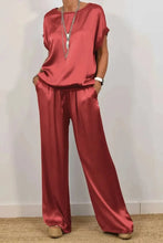 Casual Loose Satin T Shirt Pants Two Piece Sets Women Fashion O-neck Short Sleeve T Shirts Suit Spring Summer Wide Leg Pant Sets