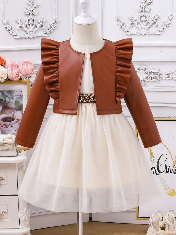 Girls' Spring and Autumn Dress Set New Children's Princess Skirt+PU Leather Vest 2-piece Set