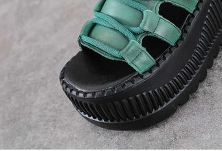 Koznoy 8cm Ethnic Cow Genuine Leather Ankle Booties Women Hollow Peep Toe Platform Wedge Breathable Zip Summer Fashion Shoes