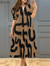 ZANZEA Women's A-line Midi Dresses Street Fashion All-Over Print Short Puff Sleeve V-Neck Robes Femme 2025 Summer Loose Vestidos