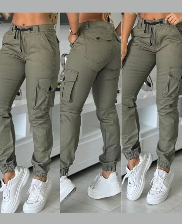 Women's Work Pants 2025 Autumn Winter Latest Urban High Waist Multiple Pockets Design Cuffed Cargo Pants Slim Fit Trousers