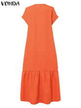 Plus Size VONDA Women Bohemian Dress 2025 Summer Sundress Solid Color Casual Short Sleeve Party Ruffled Vestidos V-Neck Robe