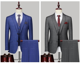 High-end Brand Classic Blue or Gray Plaid Men's Casual Business Suit Retro Official Suit Groom Wedding Dress Jacket Vest Pants
