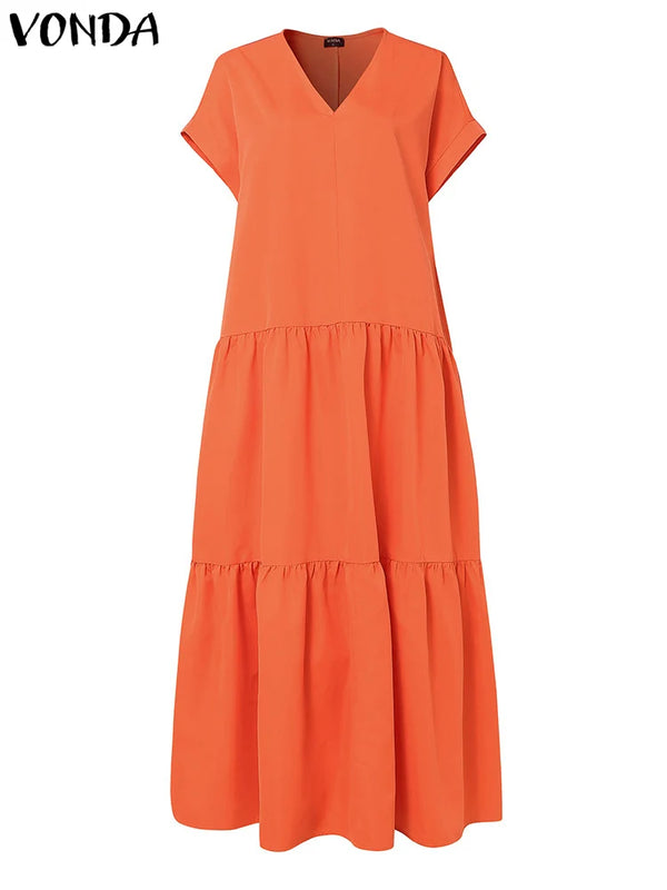 Plus Size VONDA Women Bohemian Dress 2025 Summer Sundress Solid Color Casual Short Sleeve Party Ruffled Vestidos V-Neck Robe
