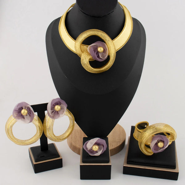 Weaving Hollow Large Pendant 18K Gold Plated Jewelry Set for Women Purple Buds Necklace Earrings Bracelet Ring African Party Gif