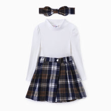 PatPat Toddler Girl 3pcs Classic Long-Sleeve Tee and Grid Skirt Set with Headband
