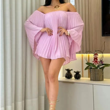Women's Sexy One Shoulder Pleated Chiffon Long Sleeve Shorts 2 Piece Fashion Loose Shawl Sleeves Elegant Female Beach Shorts Set