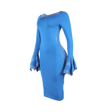 CM.YAYA Women O-neck Elegant Long Flare Sleeve Rhinestones Midi Dress 2025 OL Pencil Streetwear Africa Club Dresses Vestidos