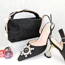 JMF New arrive Italian Design Blue Women's Fashion Rhinestone Pearl Point Toe Stiletto Heels Sandals Women's Shoes & Bag Set