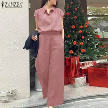 ZANZEA 2025 Summer Wide Leg Pants 2-Pieces Suits Elegant Commute Solid Causal Pant Sets Short Sleeve Shirt Women Trouser Outfits