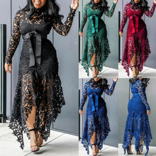 Lace Bow Belted Women Dress Elegant Long Sleeve Irregular Hem Women Bodycon Party Long Dress Vintage Wedding Evening Party Dress