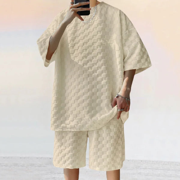 Men White Jacquard Checkered Short Sleeve Shorts Set Men's High-End Two-Piece Summer Trendy Clothing One Set Match Male Fashion