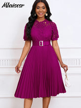 Mlaiscsr Elegant Luxury Wedding Guest Pleated Dresses with Belt Women O Neck Lace Patchwork Short Sleeve Birthday Party Robe New