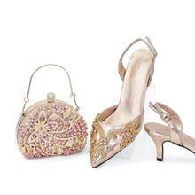 2025 New Designer Specials Italian Women Heels Shoes and Bag Set Coffee Colour Comfortable Women Pumps with Rhinestone for Party