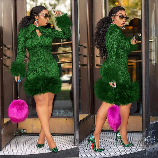 2024 cross-border hot fashion, elegant and sexy printed long sleeved lapel splicing plus size hip hugging slim fit dress