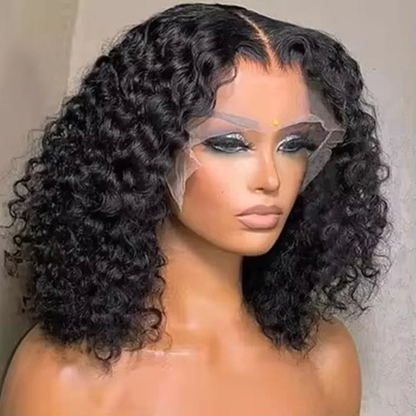 Natural Black Color Short Bob Cut 13X4  Lace Frontal Synthetic Wig For Women Deep Curly Preplucked With Baby Hair Cosplay Daily