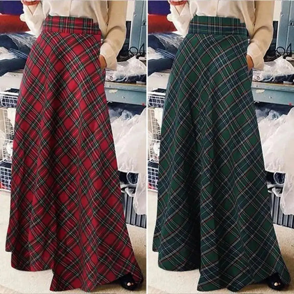 Women High Waist Maxi Skirt A-Line Plaid Print Oversized Women Spring Skirt Floor Length Large Hem Skirt
