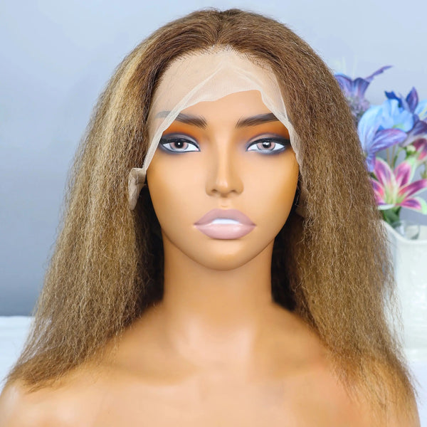 Kinky Straight 4/27 Highlight 13x4 Transparent Lace Frontal Human Hair Wigs Short Brown Blonde Piano Colored Human Hair Bob Wig