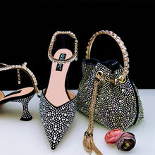 New Gold Glitter Fabric Pointed Toe High Heels With A Variety Of Shapes Of Rhinestones Fashion Party Ladies Shoes And Bag