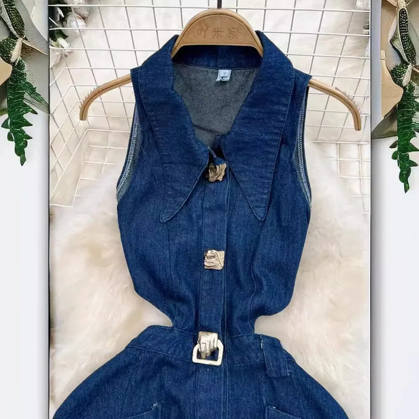 Denim Dress Women Long Dresses Turn Down Collar Sleeveless Party Club Hollow Out Jeans High Waist Slim Single Breasted Vestidos