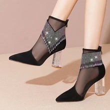Rubber Soled Dance Boots Women 2025 Spring Pointy Rhine-diamond Tassel High Heel Mesh Latin Jazz Modern Dance Shoes Stage Show