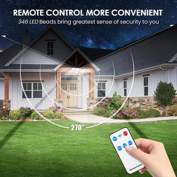 Solar Lights Outdoor 346 LED Solar Wall Lamp with Motion Sensor 3 Modes Waterproof 4 Heads Security Floodlight for Yard Garage