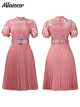 Mlaiscsr Elegant Luxury Wedding Guest Pleated Dresses with Belt Women O Neck Lace Patchwork Short Sleeve Birthday Party Robe New