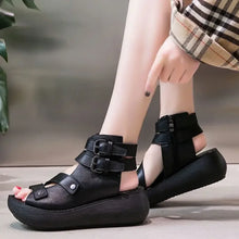 Women's Sandals Summer 2024 Mid Heeled Wedges Shoes for Women Retro Leather Gladiator Sandals Platform Rome Sandalias De Mujer