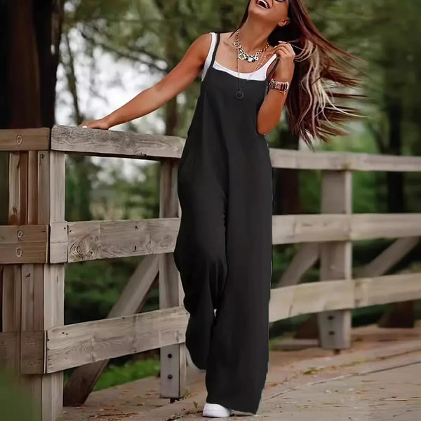 Women's Sleeveless Plus Size Jumpsuit Cotton And Linen Solid Loose Wide Leg Slash Pocket Casual  Ankle-Length Pants 2024