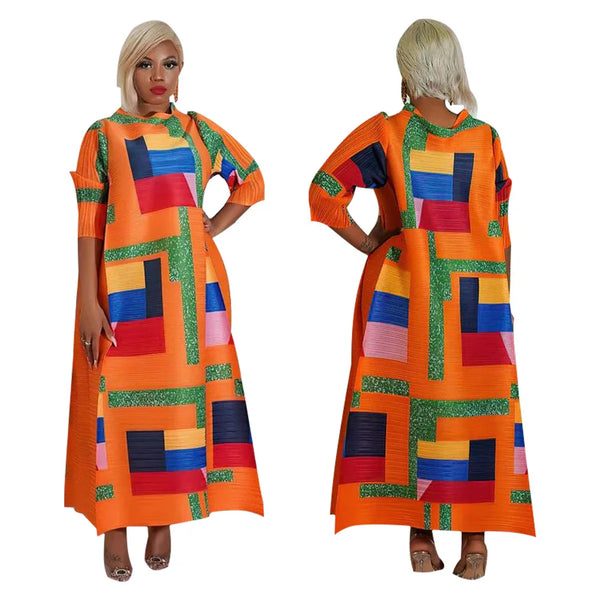 2023 Fashion African 3/4 Sleeve Polyester Plus Size O-Neck Pleated Long Dress Dashiki African Clothes African Dresses for Women
