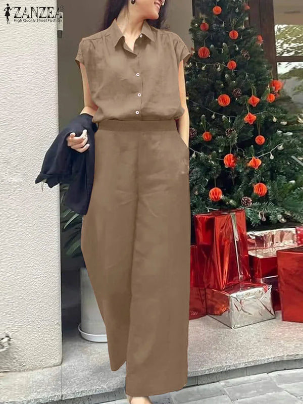 ZANZEA 2025 Summer Wide Leg Pants 2-Pieces Suits Elegant Commute Solid Causal Pant Sets Short Sleeve Shirt Women Trouser Outfits