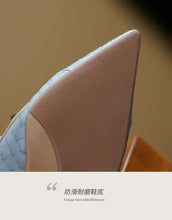 Women Sandals Rivets Pointed Toe Slingbacks Patent Leather Mid Heels Pumps Blue Snakeskin Pattern Slip on Sandalias Mujer