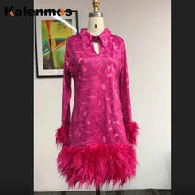 Vintage Mini Body-con Dress Women's Spring Feather Fall Sexy Bandage Long Sleeve Party Wear